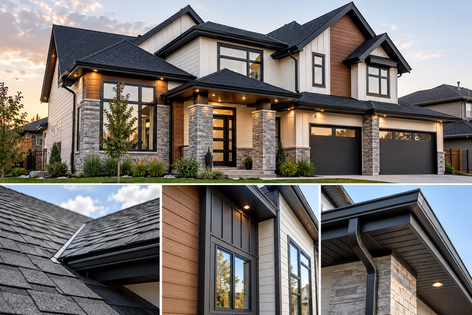 Modern home exterior with roofing siding and architectural finishes